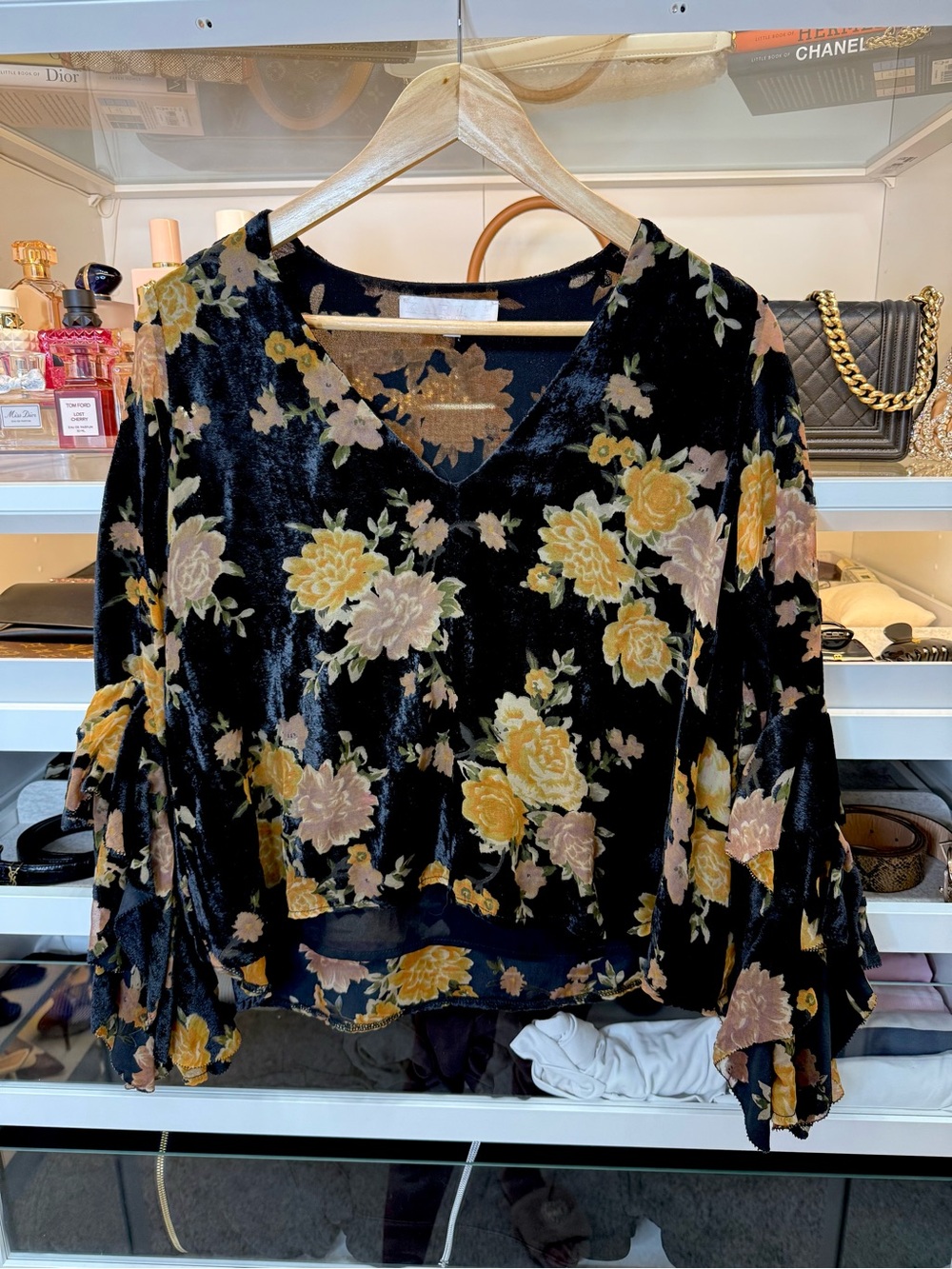 Karlie black velvet blouse top with yellow beige floral print and flowy sleeve